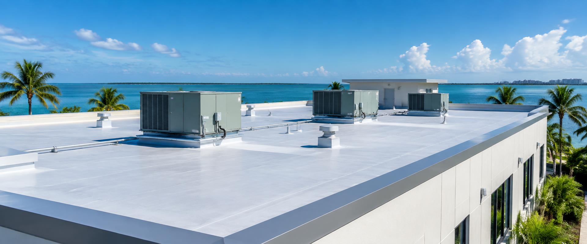 White flat commercial roof overlooking the Gulf of Mexico