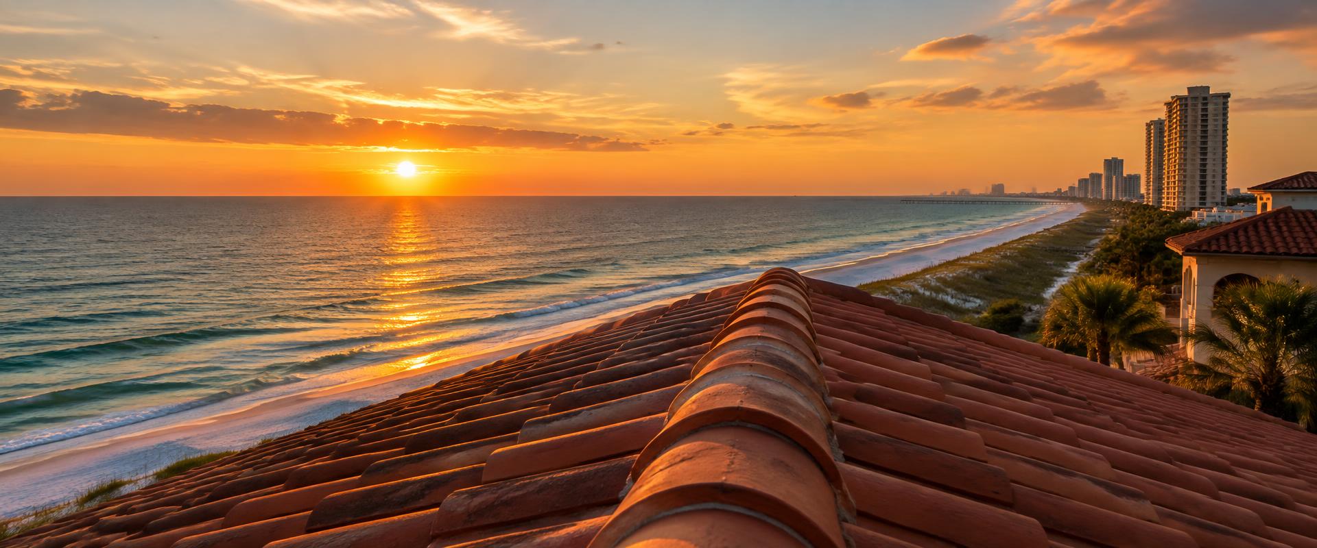 Terracotta tile roof overlooking the Panama City Beach coastline at sunset