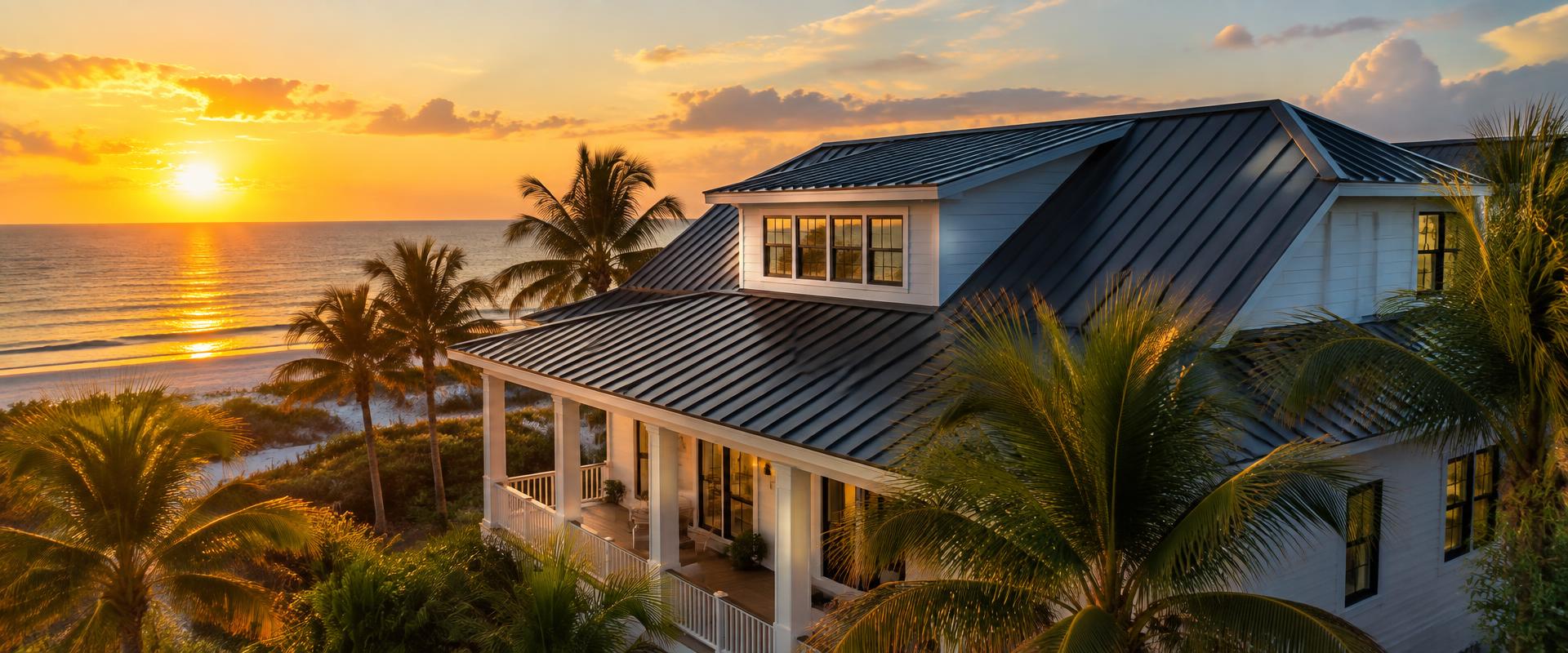 Dark metal roof on a white Panama City Beach house at sunset