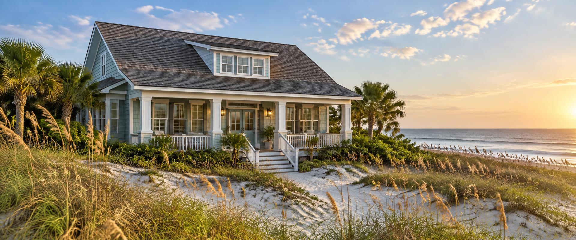 Beach cottage with a new shingle roof among sand dunes